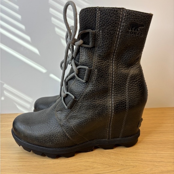 Sorel Lea Wedge Boots Womens Charcoal Grey Leather Lace Up Ankle Booties Size 8 - Picture 3 of 11
